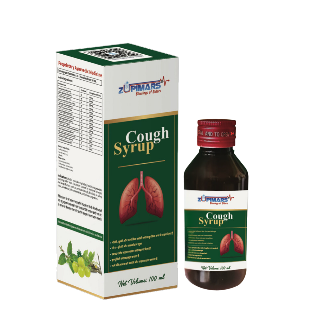 Zupimars Ayurvedic Cough Syrup bottle, showing the natural and non-drowsy wet and dry cough relief formula.