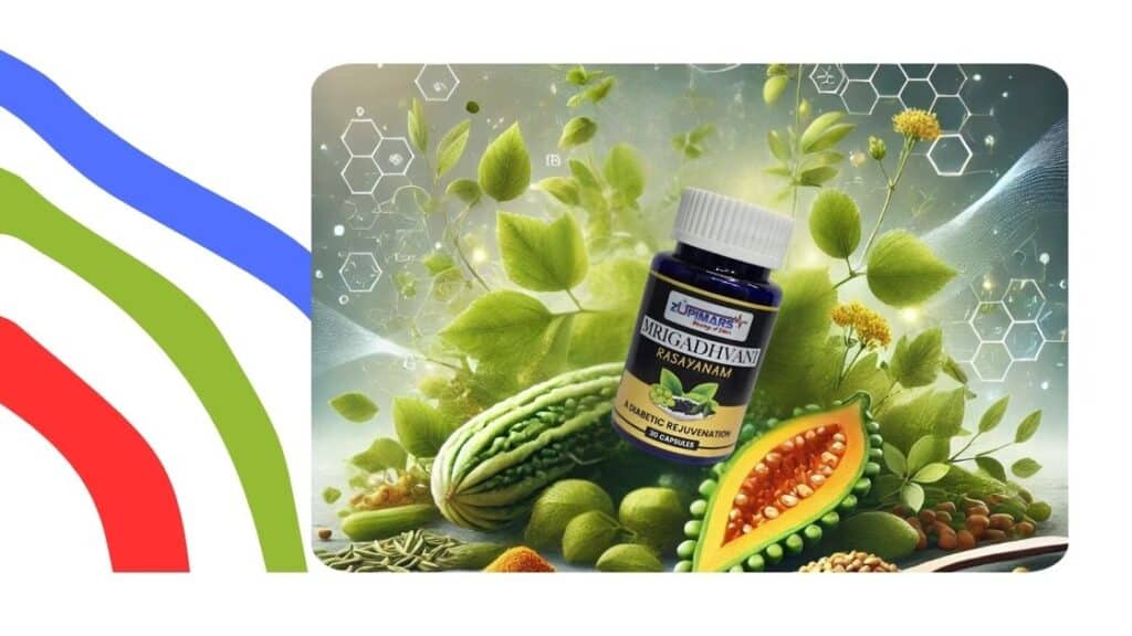 Mrigadhvani Ayurvedic herbal supplement bottle surrounded by natural ingredients like bitter melon, turmeric, and fenugreek, symbolizing natural diabetes support.