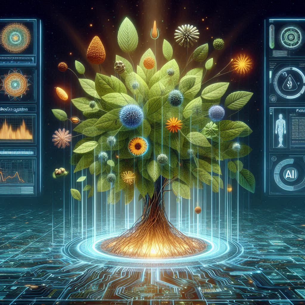 A scientist analyzing data on a computer next to a display of Ayurvedic herbs like turmeric and ashwagandha, showing ingredient optimization.