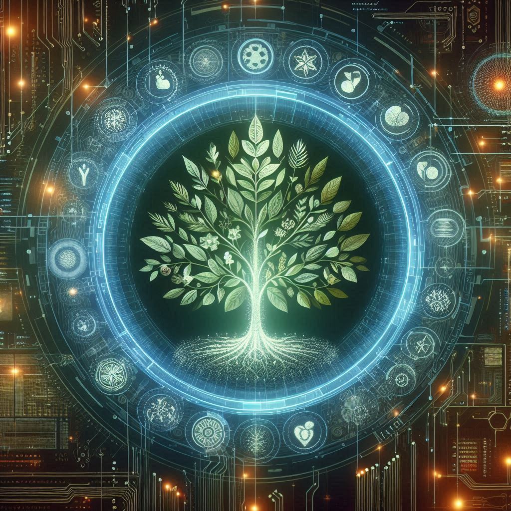 A digital brain graphic overlayed on a traditional Ayurvedic herbal mortar and pestle, symbolizing AI in Ayurveda.