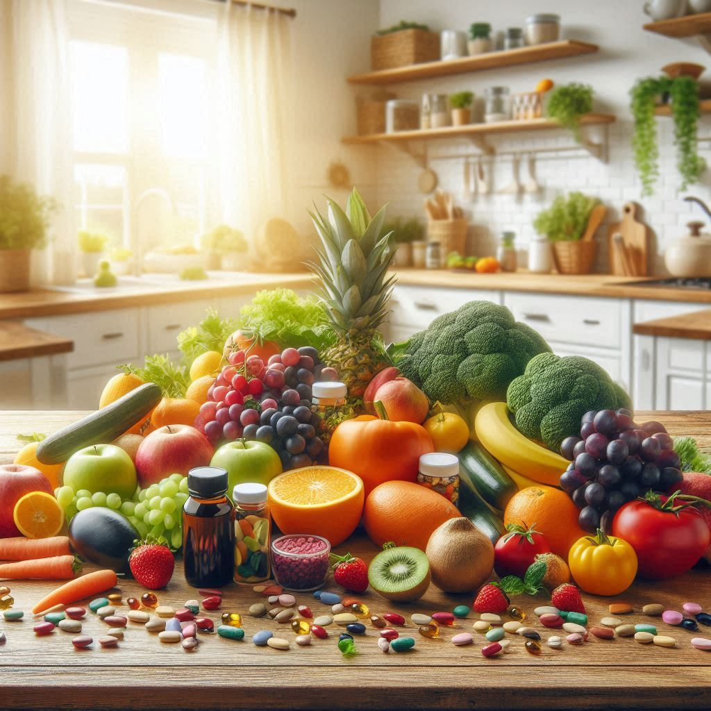 A colorful flat lay of essential nutrients from food sources like fruits, vegetables, nuts, and fish.