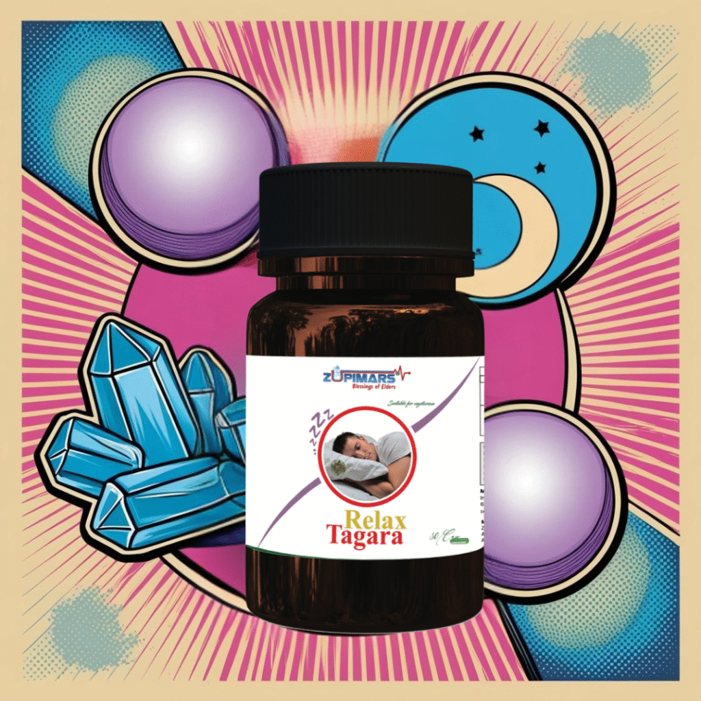 A diagram showing how Ashwagandha in RelaxTagara helps lower cortisol and stress, leading to better sleep than melatonin or magnesium alone.