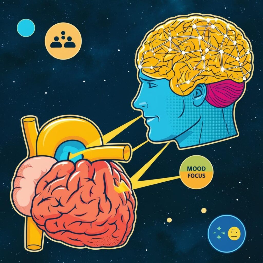 A diagram showing the gut-brain axis, illustrating the connection between a healthy gut microbiome and mental clarity.
