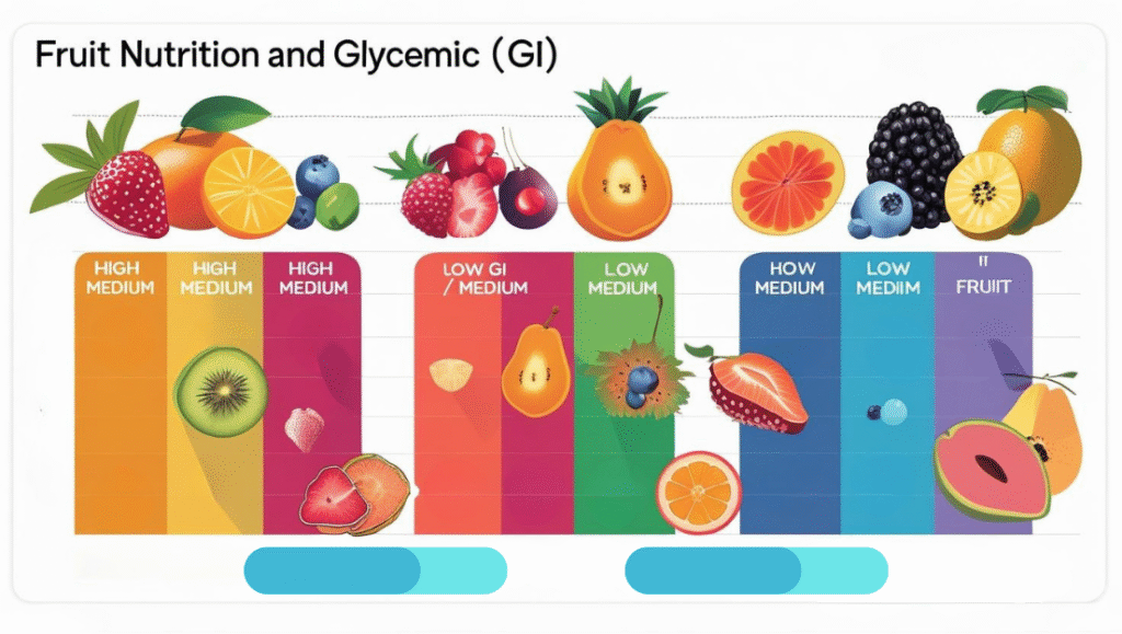A comprehensive Indian fruits nutrition guide chart showing the glycemic index, carbs, and health suitability for 30 popular fruits.