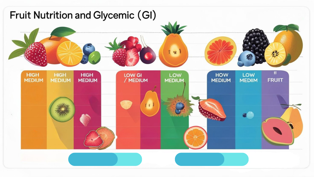 A comprehensive Indian fruits nutrition guide chart showing the glycemic index, carbs, and health suitability for 30 popular fruits.