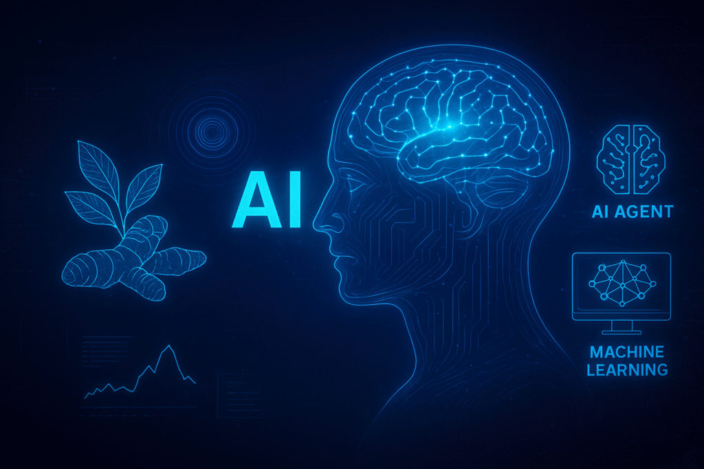 A futuristic graphic symbolizing AI-powered Ayurveda, showing a digital plant, an AI brain, and machine learning icons.