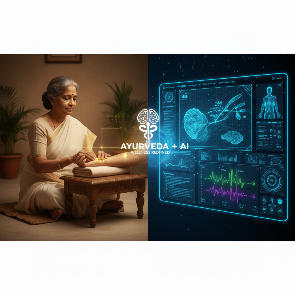 A split-image showing a traditional Ayurvedic Nadi Pariksha (pulse diagnosis) alongside a computer vision screen analyzing dosha imbalances.