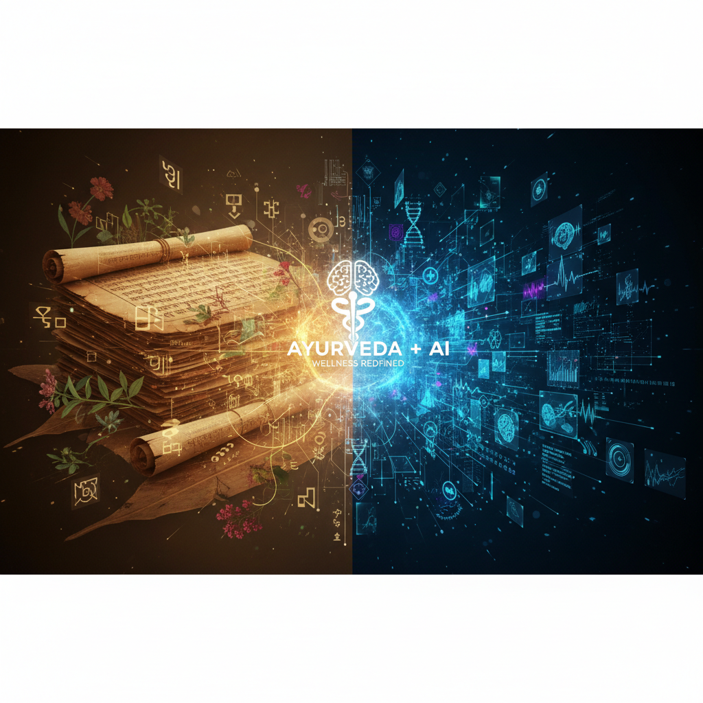 A conceptual image showing ancient Ayurvedic text from the Charak Samhita converging with modern AI data streams.